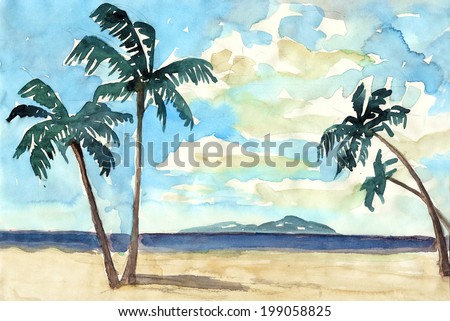 Summer watercolor with palms, se and sky painting illustration hand drawn artwork background textile pattern