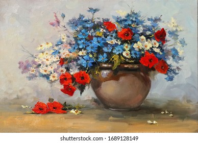 Summer Wildflowers Bouquet In Ceramic Vase,oil Painting, Fine Art, Background, Flowers, Still Life, Summer, Vase