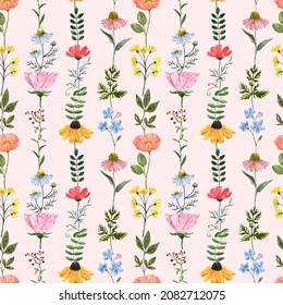 Summer wildflowers seamless pattern on pastel pink background. Watercolor hand painted pretty yellow, pink, orange and blue flowers. Cute botanical print.