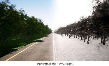 Summer and winter road 3d render realistic. Seasonal landscape. Year cycle and time changing, concept. Cold and warm weather. Falling snow in forest abstract 