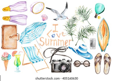 Summer`s Vacation Hand Drawn Watercolor Set.Isolated Objects.