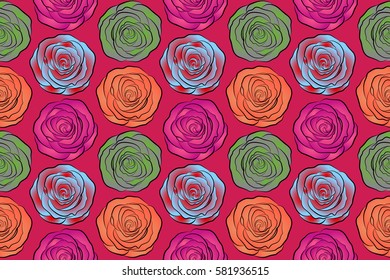 Summertime raster floral seamless pattern. Abstract background composition with rose flowers in orange, magenta and red colors, splashes, doodles and stylized flowers.
