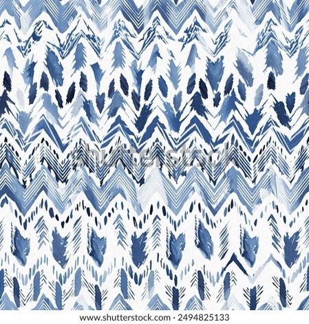 Summery ikat zig zag pattern in painterly brushstroke digital design. Modern coastal living printed chevron textile decor in seamless all over template. 
