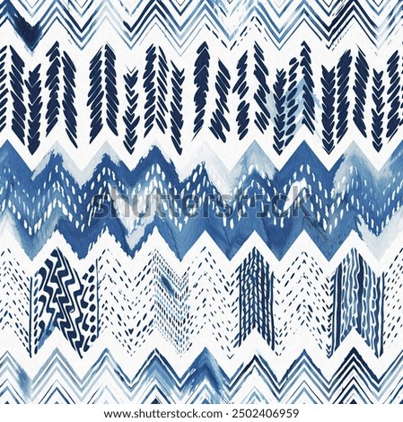 Summery ikat zig zag pattern in painterly brushstroke digital design. Modern coastal living printed chevron textile decor in seamless all over template. 