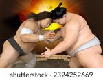 Sumo wrestlers practice head-to-head with their bare fighting spirit.3D illustration,3D rendering 