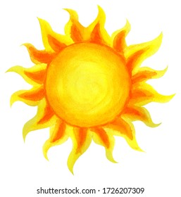 Sun cartoon watercolor. Children's illustration of the sun drawn by hand. isolated on a white background. Sunrise sunset.