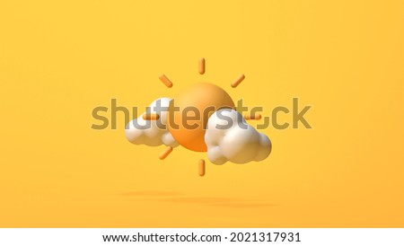 Sun and clouds on yellow background, 3D rendering image
