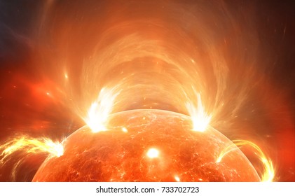 Sun With Corona. Solar Storm, Solar Flares.