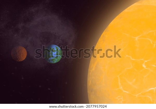 Sun, Earth and Mars in
Space, illustration with planets and stars, Space exploration
picture with stars and orbits for poster print, web design and
children's
education