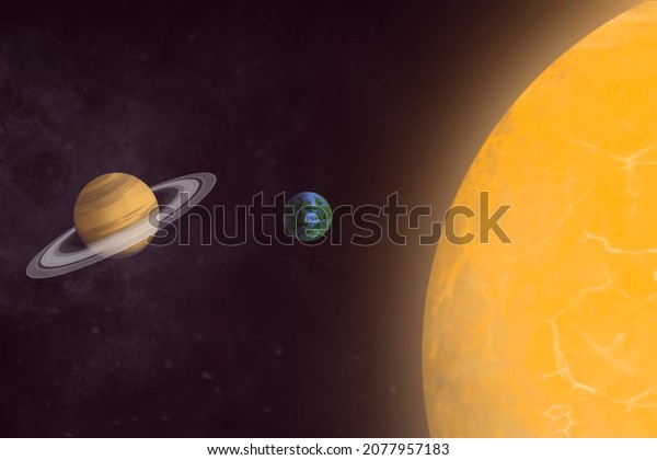 Sun, Earth and Saturn in Space,\
illustration with planets and stars, Space exploration picture with\
stars and orbits for fantasy and children\'s\
education
