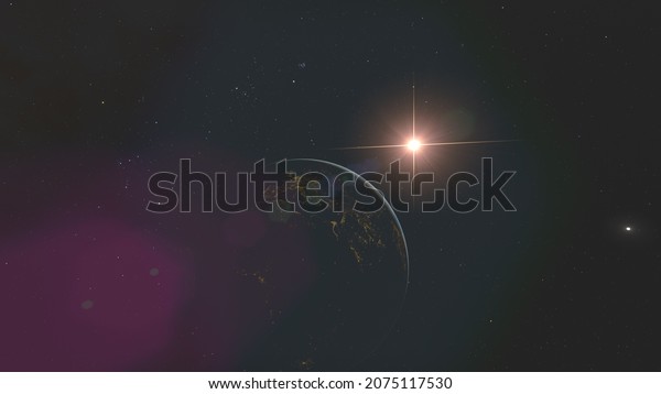 Sun and earths, city lights on earth, earth at
night, light effects from lenses, high quality, high resolution,
realistic 3d render