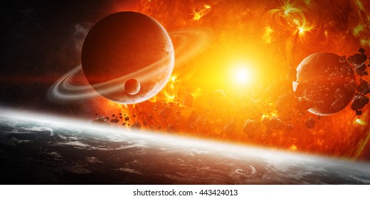 Sun exploding close to inhabited planets system 'elements of this image furnished by NASA' '3D rendering'