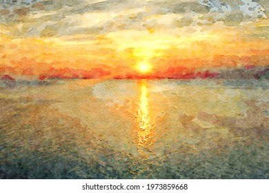 The sun is going down on the horizon over the sea. Digital watercolors painting.