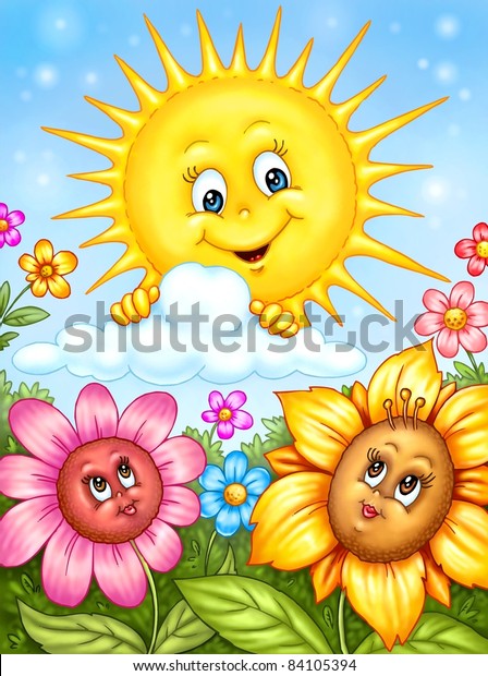 太陽と幸せな花のイラスト のイラスト素材