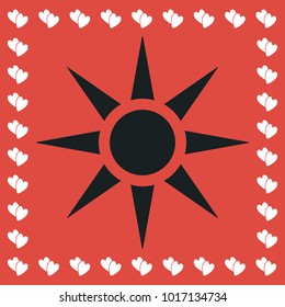 Sun icon flat. Simple black pictogram on red background with white hearts for valentines day. Illustration symbol
