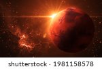 Sun  Light Over Mars Planet On Red Shiny Starry Outer Space With Nebula Cloud Background 3D Illustration