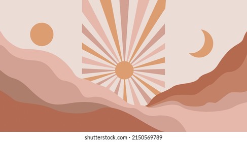 Sun And Moon Set Of 3 Wall Art, Neutral Boho Landscape, Digital Download, Abstract Sunset Print, Boho Desert