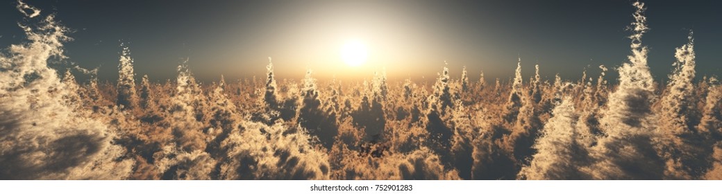 Sun over the clouds, panorama of the sunset over the clouds, winter landscape, banner, 3d rendering