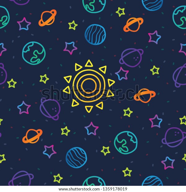Sun, planet earth\
and stars from space on dark blue pattern background. Colorful\
cosmic planet seamless\
pattern