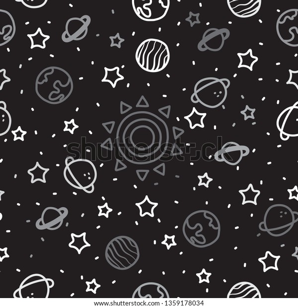 Sun, planet earth and
stars from space on black pattern background. Cosmic planet
seamless pattern