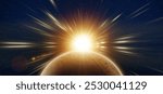 Sun rays and cosmic explosion in deep space. Starburst and unknown planet. 