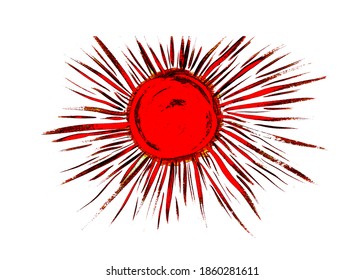 Sun rays flat icon, drawn closeup silhouette isolated on white background. Artistic logo design
