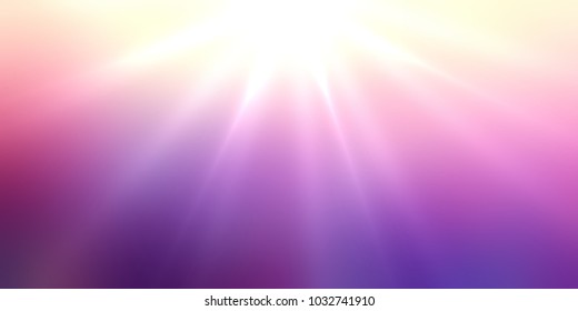 Sun Rays Top Purple Sky Banner. Exciting Shine Empty Background. Pink Lilac Yelow Gradient Blurred Pattern.