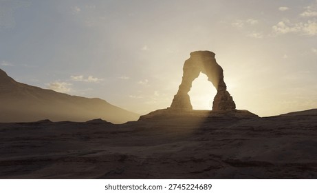 Sun rises behind Delicate Arch at Arches National Park. Sunlight shines through the arch, creating a bright outline. Mountains and clouds are visible in the background during early morning. 3d render.