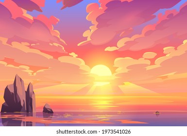 A sun is rising from light red and orange clouds attractive scene with few mountains and sea preview - Shutterstock ID 1973541026