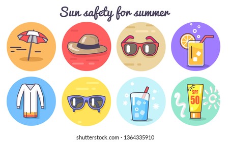 Sun Safety For Summer Poster With Umbrella And Hat Sunglasses Cool Drinks Lotions Raster Illustration Isolated On White Background