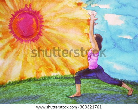 sun salutation, surya namaskara, warrior 1 yoga pose, watercolor painting chakra power, strong and powerful with abstract landscape sun, sky, grass and earth background, illustration design