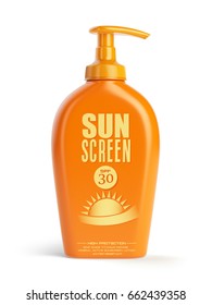 Sun Screen Cream,  Oil And Lotion Containers. Sun Protection And Suntan Cosmetics Isolated On White Background. 3d Illustration