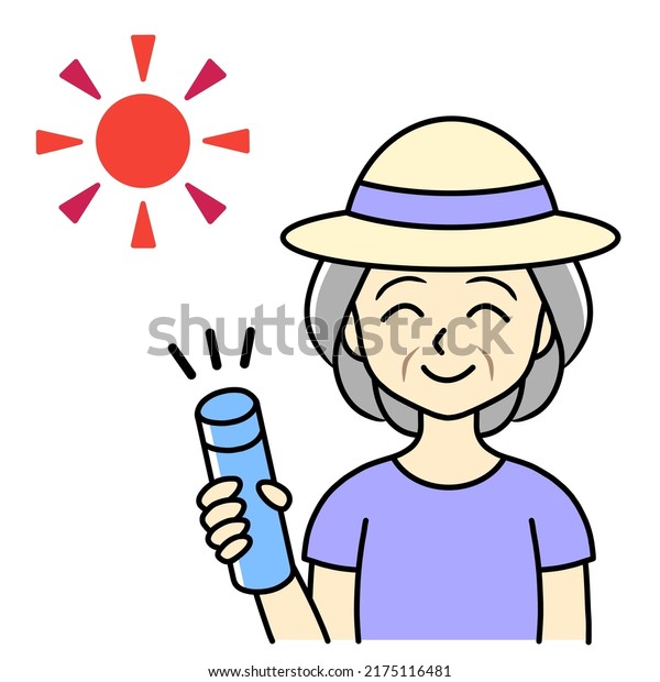 The sun and a senior woman with an insulated\
drink container