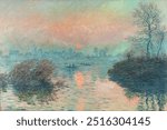 Sun setting on the Seine at Lavacourt (1880) Claude Monet, high resolution famous painting. Evening sun set by river. Vintage sunset art drawing illustration, old river landcape painting art print.