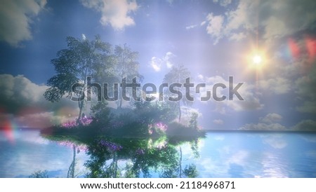 sun shining island Beautiful light hits trees, grass, island nature, 3D Rendering.