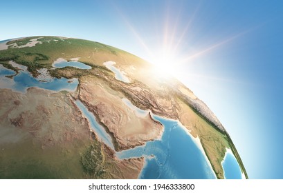 Sun Shining Over A High Detailed View Of Planet Earth, Focused On Middle East And Arabian Peninsula. 3D Illustration - Elements Of This Image Furnished By NASA