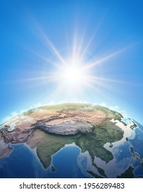 Sun Shining Over A High Detailed View Of Planet Earth, Focused On East Asia, China And Himalayas. 3D Illustration - Elements Of This Image Furnished By NASA