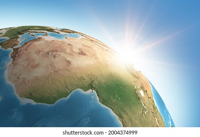 Sun shining over a high detailed view of Planet Earth, focused on Africa. 3D illustration - Elements of this image furnished by NASA