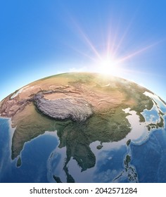 Sun Shining Over Planet Earth. Physical Map Of South East Asia, China, Mongolia And Himalayas. 3D Illustration - Elements Of This Image Furnished By NASA