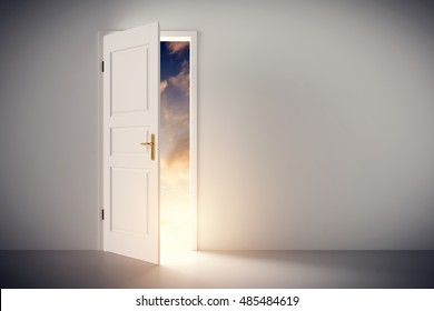 Sun Shining Through Half Open Classic White Door. Concepts Of New Life, Hope, Religion Etc. 3D Illustration