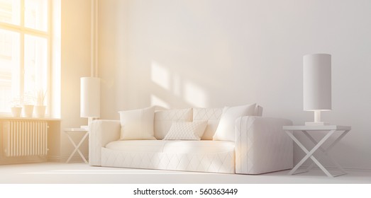 Sun Shining Through Window In White Living Room In Summer (3D Rendering)