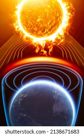 Sun And Solar Storm, Earth's Magnetic Field, Flow Of Particles. Rising Temperatures. Global Warming. Ozone Hole. 3d Rendering
