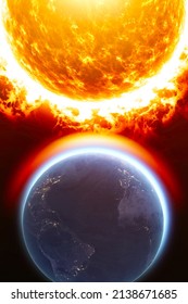 Sun And Solar Storm, Earth's Magnetic Field, Flow Of Particles. Rising Temperatures. Global Warming. Ozone Hole. 3d Rendering
