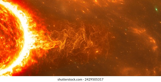 Sun and solar storm, solar wind, flow of particles. Rising temperatures. Global warming. Ozone hole. 3d rendering