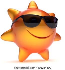 Sun Star Smiley Face Sunglasses Cheerful Summer Smile Cartoon Ball Emoticon Happy Sunny Heat Orange Yellow Person Icon. Smiling Laughing Character Holiday Chilling Sunbathing Sunbeam Avatar. 3D Render