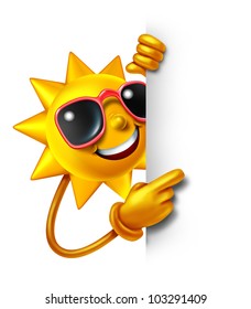 Sun Summer Fun As A Three Dimensional Cartoon Character Holding A Blank White Sign As A Symbol Of Leisure Sunny Vacation Time And Advertisement Or Communication Of Holiday Relaxation.