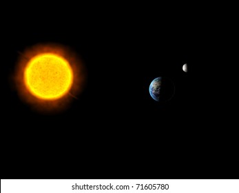 Sun System With The Sun, Earth And Moon