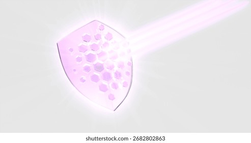 Sun and UV protection shield. Hexagonal shield. Additional protection. Purple light halo. Pink hair on white background. 3D illustration.