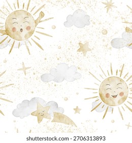 Sun watercolor seamless pattern with clouds, stars and pastel splashes for warm daylight design. Illustration of childish background with sky for nursery wallpaper. Celestial backdrop for textile.