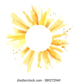 Sun with watercolor splashes and drops. Hand drawn circle frame. Sun shape border with copyspace